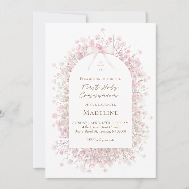 Invitation fille de première communion rose blanc (Devant)