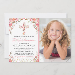 Invitation Fille de première communion sainte Croix florale P