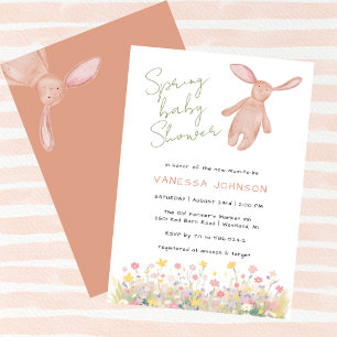 Invitation Fille de printemps Baby Shower Lapin Rose Fleurs s