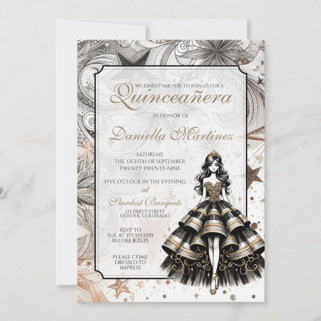 Invitation Fille de Quinceañera noire et or (Devant)