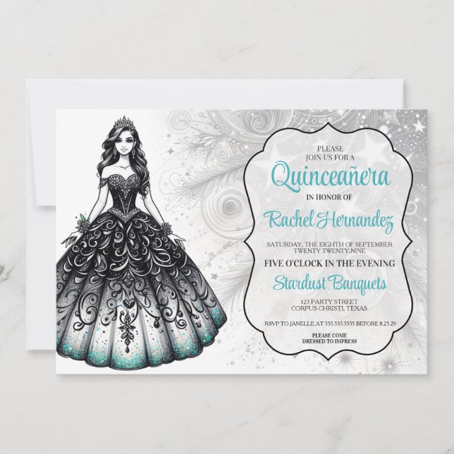 Invitation Fille de Quinceañera noire et sarcelle (Devant)