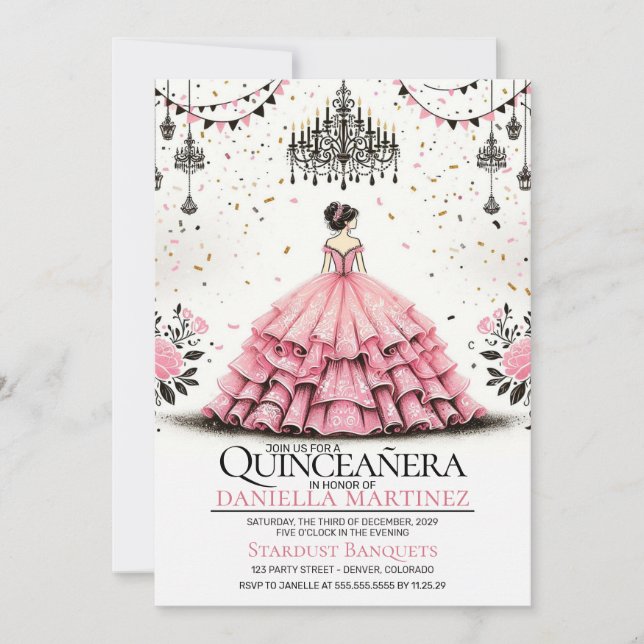 Invitation Fille de Quinceañera rose (Devant)