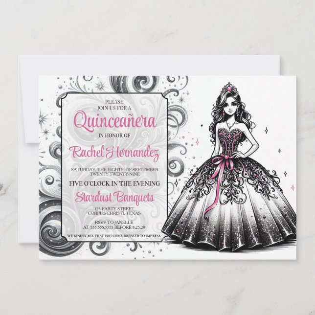 Invitation Fille de Quinceañera rose et noir (Devant)