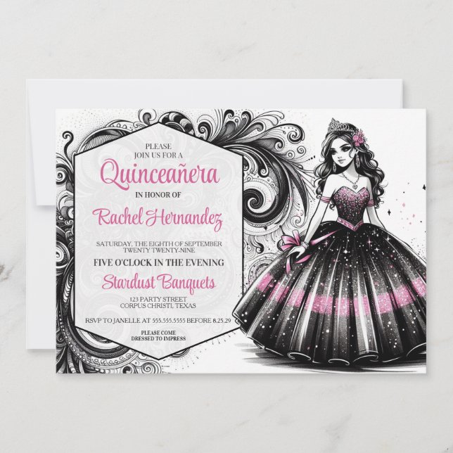 Invitation Fille de Quinceañera rose et noire (Devant)