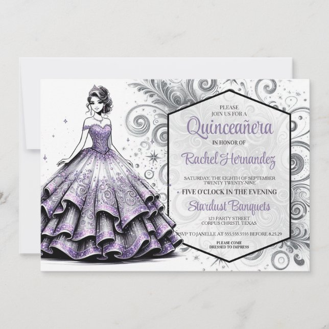 Invitation Fille de Quinceañera Violette & Argent (Devant)