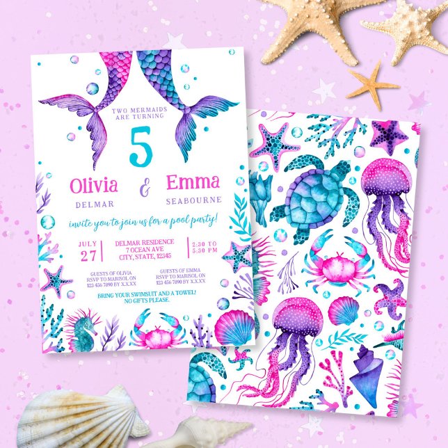 Invitation Fille de sirène amis fête d'anniversaire conjointe (Mermaid Girl Friends Joint Birthday Party Invitation)