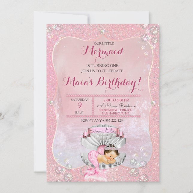 Invitation Fille de sirène couchant perles roses coquille (Devant)