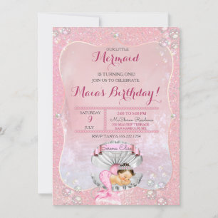 Invitation Fille de sirène couchant perles roses coquille