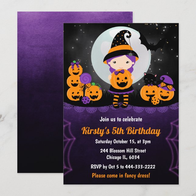 Invitation Fille de sorcière mignonne et citrouilles Fête d'a (Devant / Derrière)