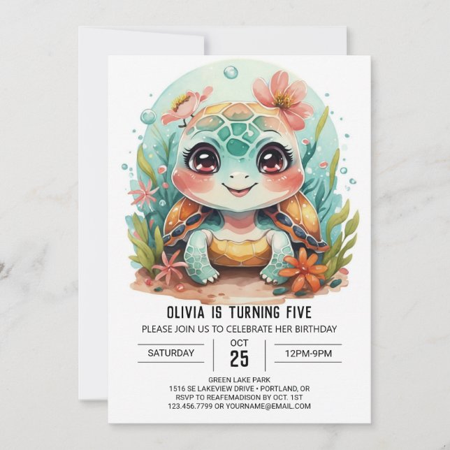 Invitation Fille de tortue aquatique personnalisée Anniversai (Devant)