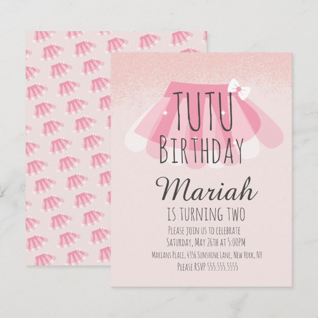 Invitation Fille de Tutu Anniversaire Rose Faux Paillettes  (Devant / Derrière)