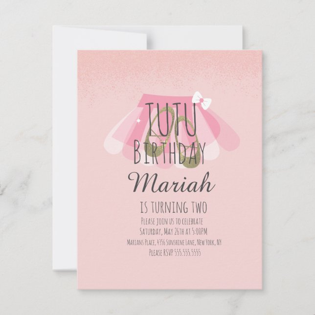 Invitation Fille de Tutu Anniversaire Rose Faux Paillettes Ba (Devant)