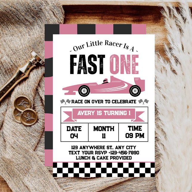Invitation Fille de voiture de course Fast One Fête d'anniver (Créateur téléchargé)