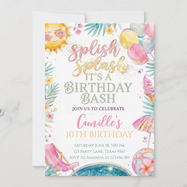 Invitation Fille d'éclaboussure Splash d'été Anniversaire (Devant)