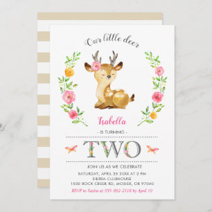 Invitation Fille des Cerfs Cute Woodland Floral 2e Anniversai