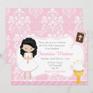 Invitation Fille des cheveux noirs première communion Damas