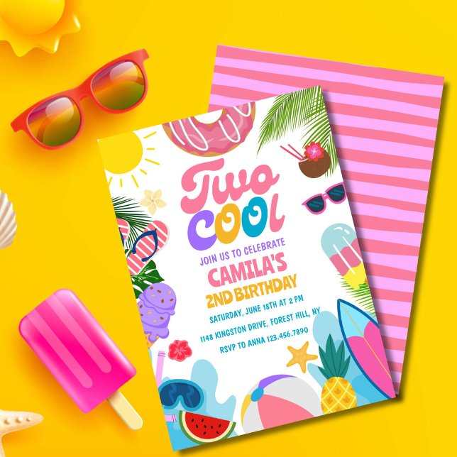 Invitation Fille Deux Cool Pool Party Beach 2e anniversaire (Pink "Two Cool" birthday invite for girls with sun, waves, and cute beach vibes!)