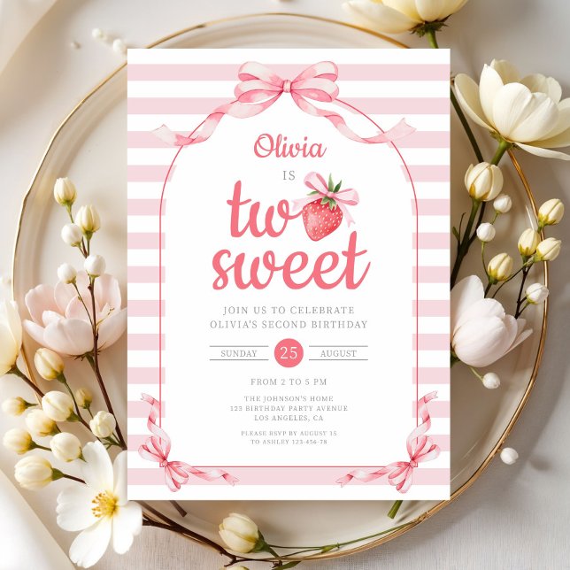 Invitation Fille Deux Douce Fraise 2ème Anniversaire (Strawberry Two Sweet Girl 2nd Birthday Invitation)