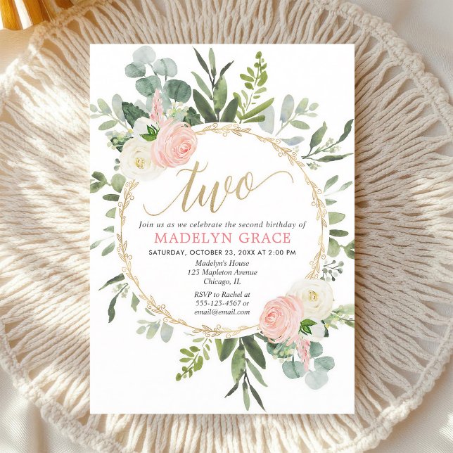 Invitation Fille Deuxième Anniversaire Vert Foncé Or Rose (Créateur téléchargé)