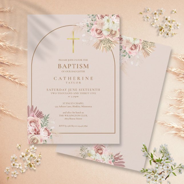 Invitation Fille d'herbe de Pampas en or rose Baptême Christe (Pink Gold Pampas Grass Girl Baptism Christening Invitation)