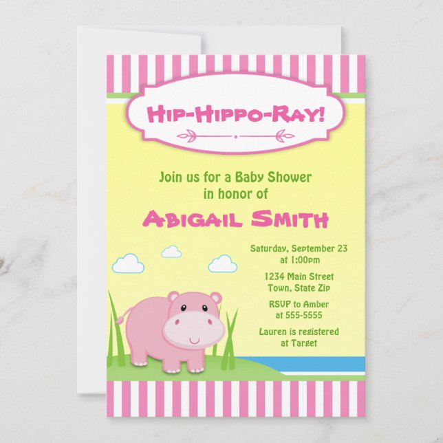 Invitation Fille d'hippopotame de rose d'invitation de baby (Devant)