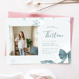 Invitation Fille d'hiver au ruban bleu Photo fête d'anniversa