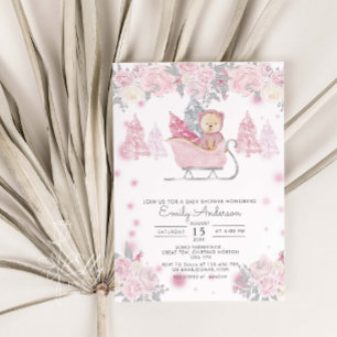 Invitation Fille d'hiver Ours de bois Baby shower floral