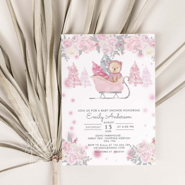 Invitation Fille d'hiver Ours de bois Baby shower floral (Créateur téléchargé)