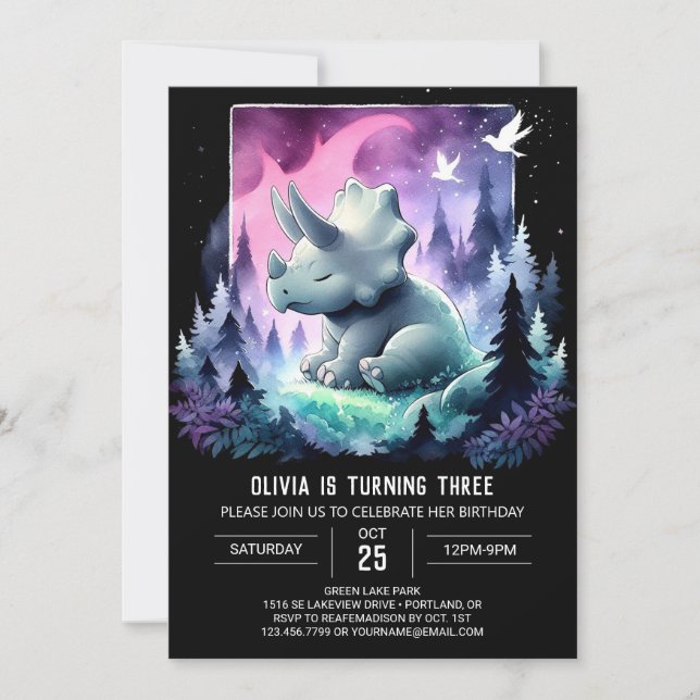 Invitation Fille Dinosaur Triceratops Anniversaire (Devant)