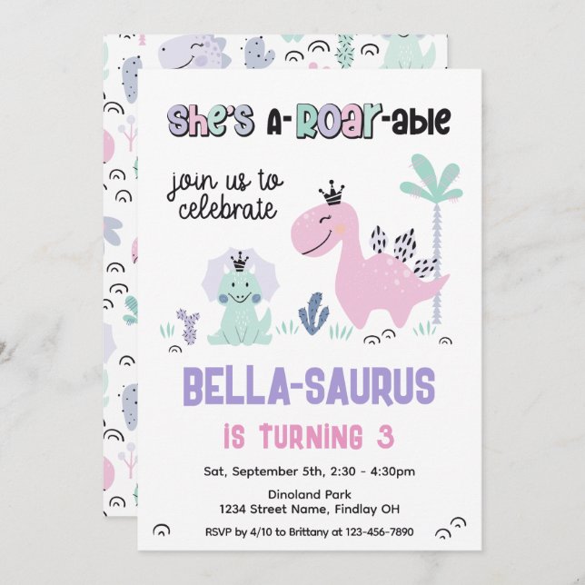 Invitation Fille Dinosaure Fête d'Anniversaire A-Roar N'impor (Devant / Derrière)