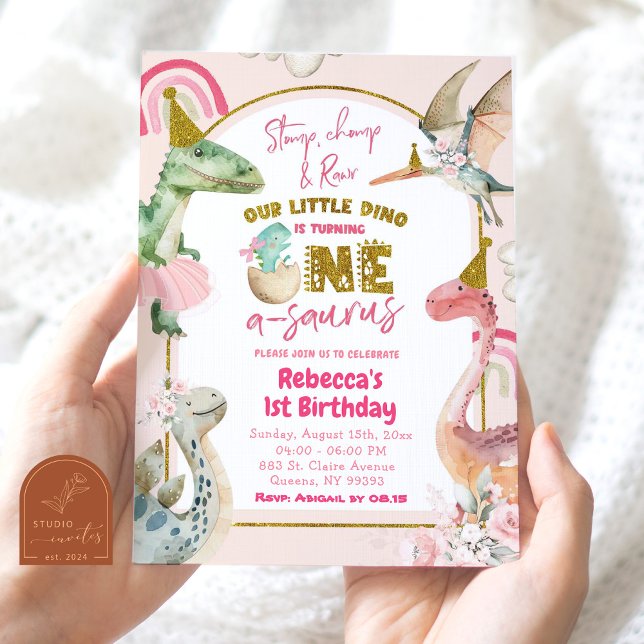 Invitation Fille dinosaure fête son premier anniversaire A-Sa (Créateur téléchargé)