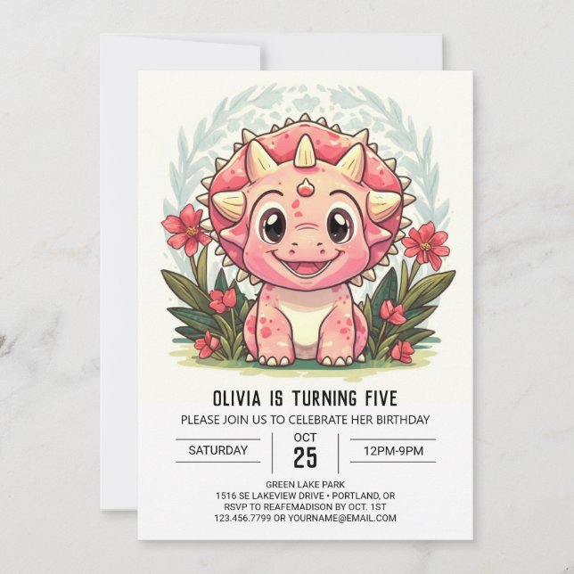 Invitation Fille Dinosaure Rose Bohème Anniversaire (Devant)