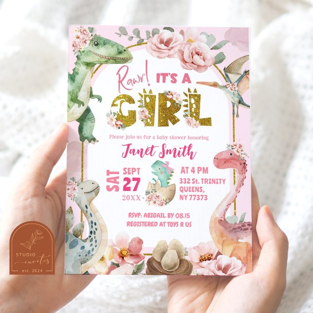 Invitation Fille Dinosaure Rose Jurassique Baby Shower (Créateur téléchargé)