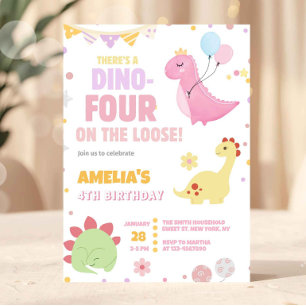 Invitation Fille Dinosaure Rose Pastel 4ème Anniversaire