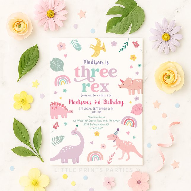Invitation Fille Dinosaure Rose Trois Rex Anniversaire (Créateur téléchargé)