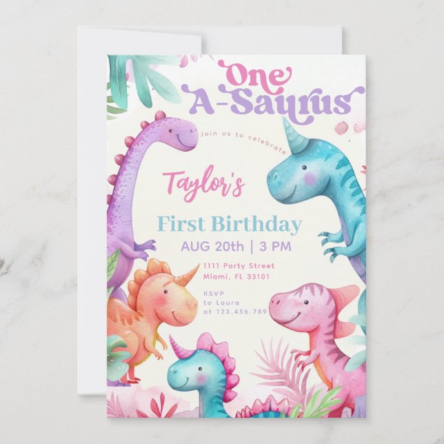 Invitation Fille Dinosaure Violet One-A-Saurus Premier Annive (Devant)