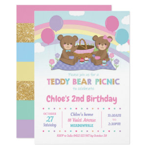 Roses Roses filles nounours pique-nique Childrens Birthday Party Invitations