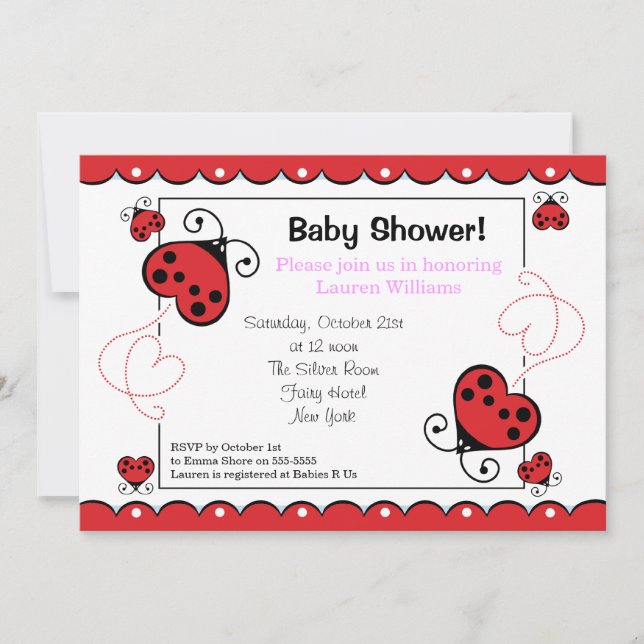 Invitation Fille d'invitations de baby shower de coccinelle (Devant)