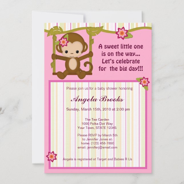 Invitation Fille d'invitations de baby shower de Mlle Monkey (Devant)