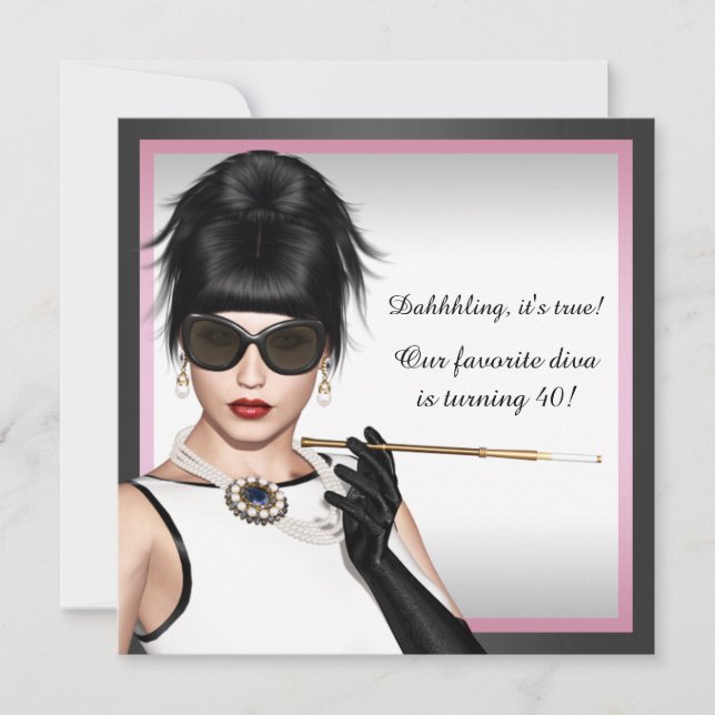 Invitation Fille distinguée Fête d'anniversaire rose et noir (Devant)