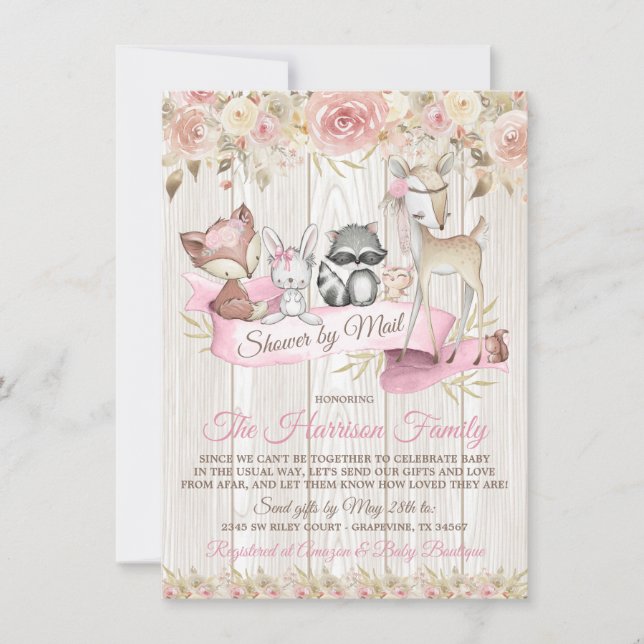 Invitation Fille Douce Fête de Bébé en Bois par Courrier (Devant)