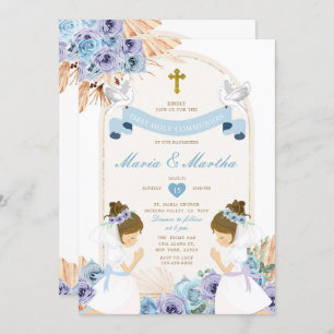 Invitation Fille DOUCE Priant Première Sainte Communion Bleu 