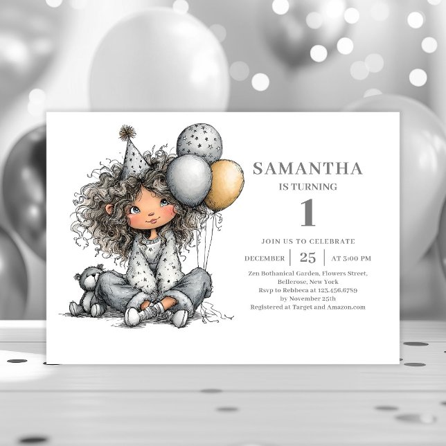 Invitation Fille drôle Anniversaire Moderne Noir Or Caprice (Whimsy Funny Girl Birthday Modern Black Gold invitation)