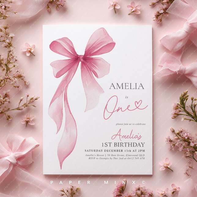 Invitation Fille du 1er anniversaire avec un ruban rose Coque (1st Birthday invite | Girls pink bow invitation)
