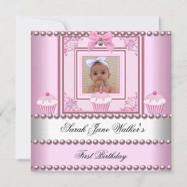 Invitation Fille du 1er anniversaire Gâteaux roses Perle blan (Devant)