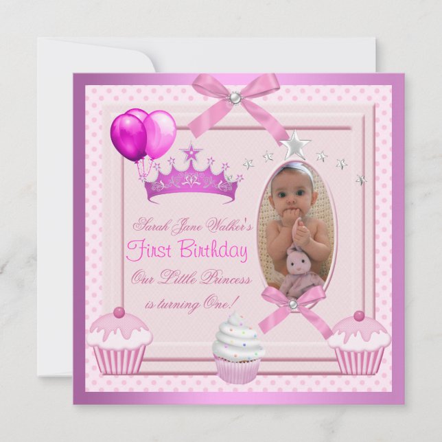 Invitation Fille du 1er anniversaire Gâteaux roses Perle blan (Devant)