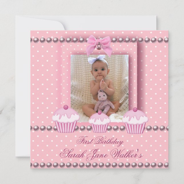 Invitation Fille du 1er anniversaire Gâteaux roses Perle blan (Devant)