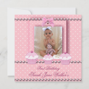 Invitation Fille du 1er anniversaire Gâteaux roses Perle blan