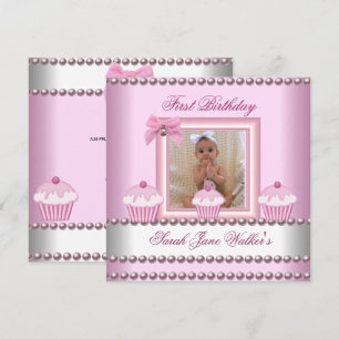 Invitation Fille du 1er anniversaire Gâteaux roses Perle blan