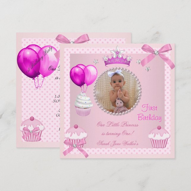 Invitation Fille du 1er anniversaire Gâteaux roses Perle blan (Devant / Derrière)
